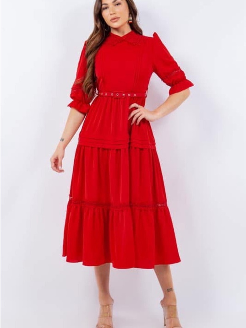 Red Tiered Midi Dress with Belt….Available in large and Medium